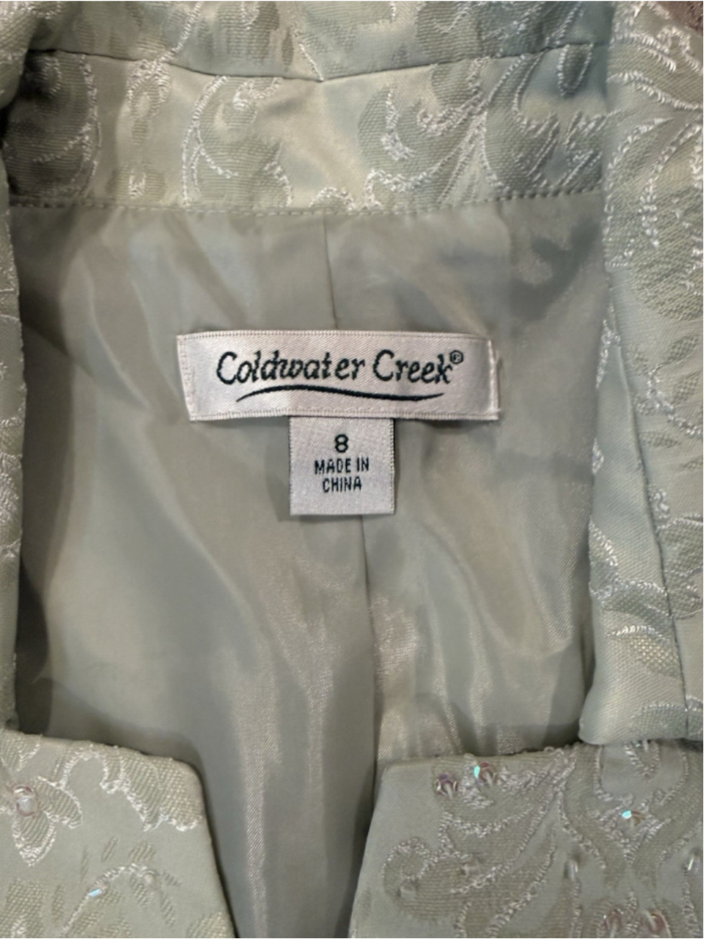 NWT Coldwater Creek Pale Green Sequin Damask Print Button Jacket 3/4 Sleeve 8 - Picture 4 of 7